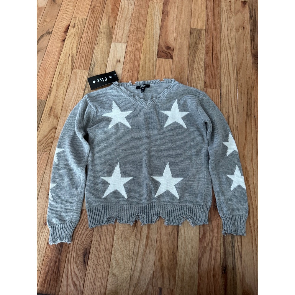 Flowers by Zoe FBZ Girls Gray Star Distressed V-Neck Sweater NWT size 6x
